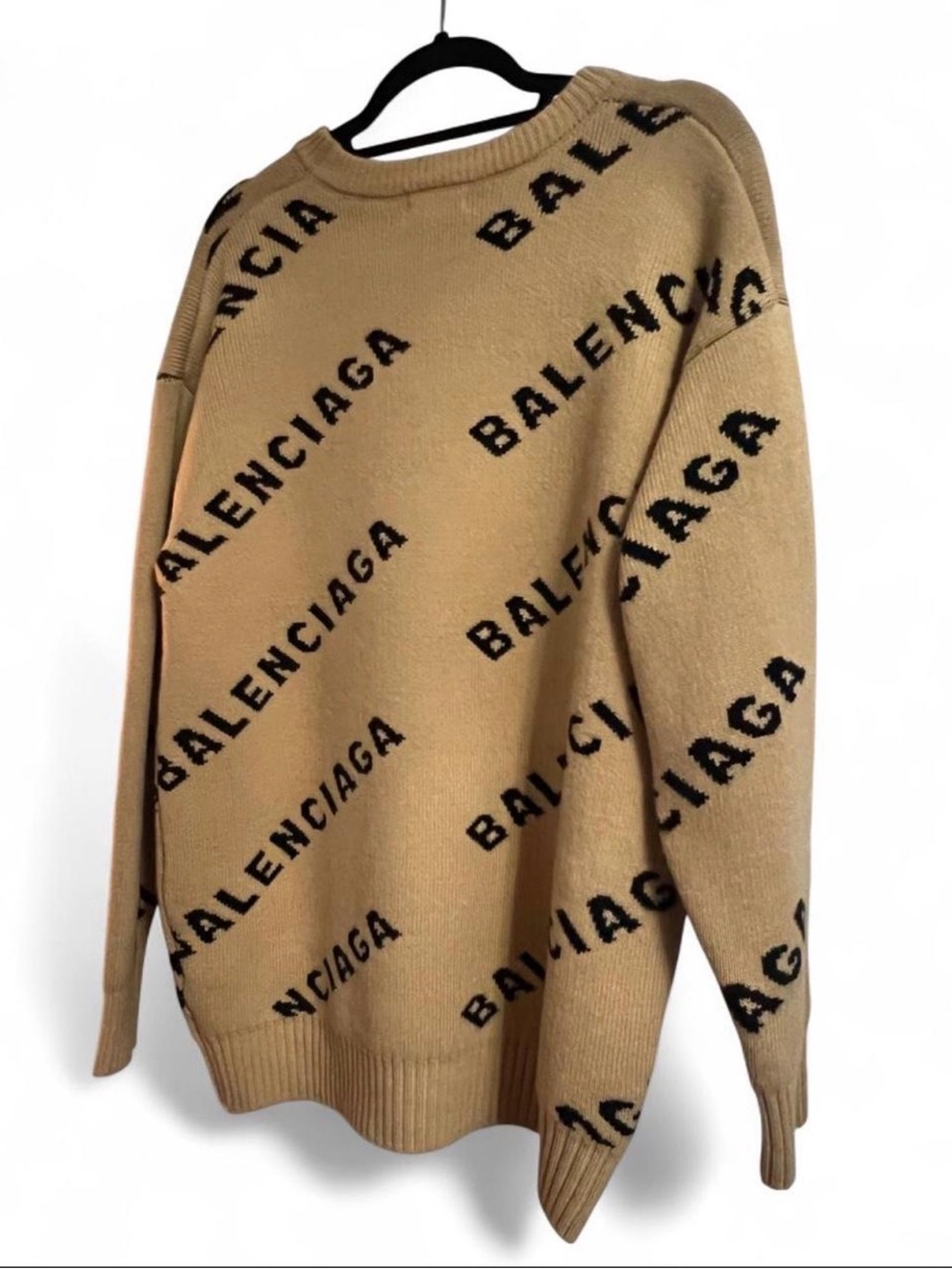 Balenciaga Tan Crewneck Sweater with Black Logo Jacquard